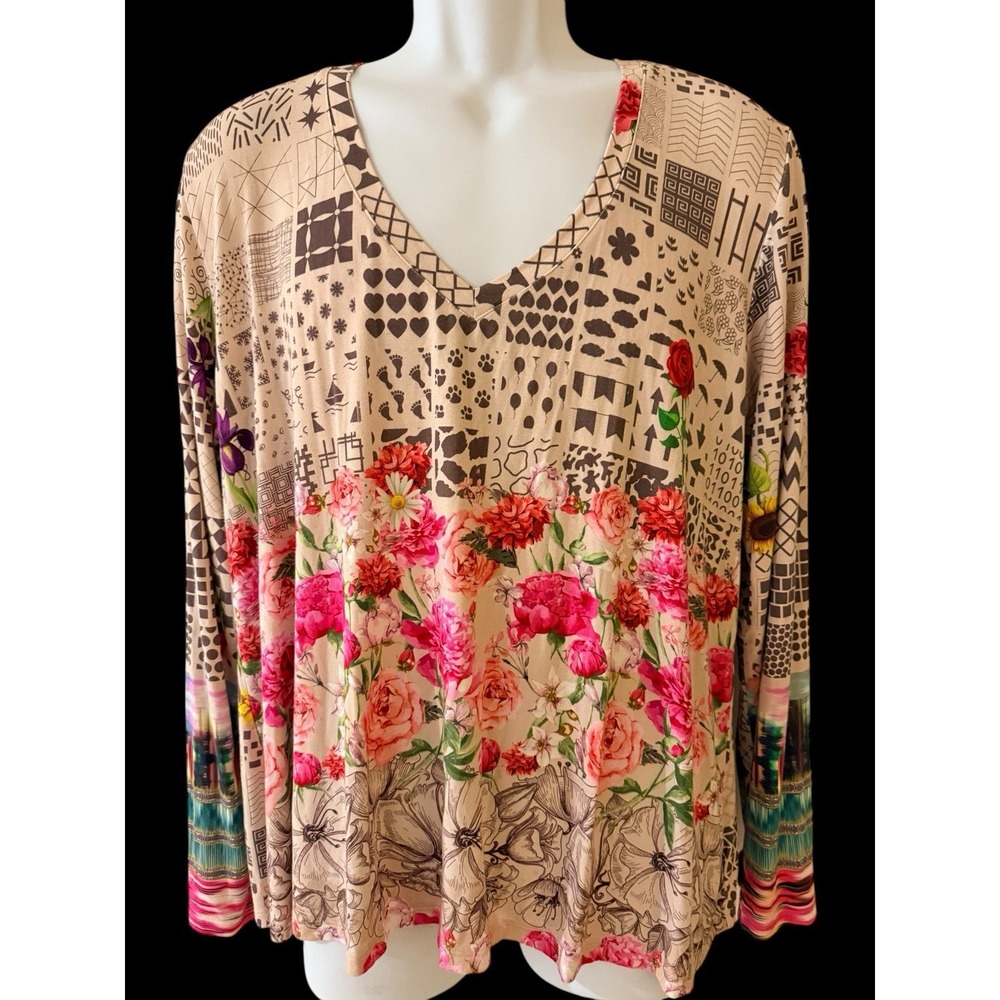 Johnny Was Women Tee L‎ Bamboo Patchwork Floral Long Sleeve Swing Boho R16120B - Picture 3 of 9